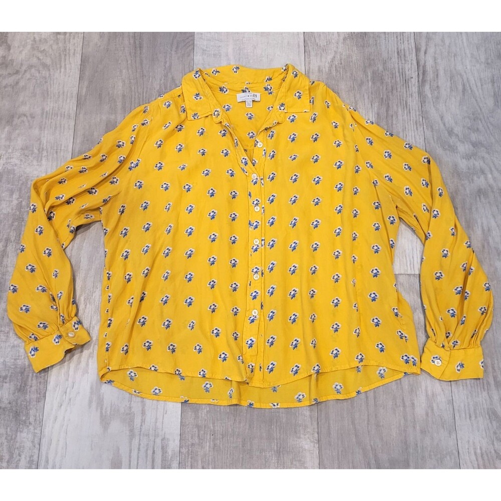 Lucky Brand XL Mustard Yellow Boho Floral Button Up Blouse Prairie Cottagecore